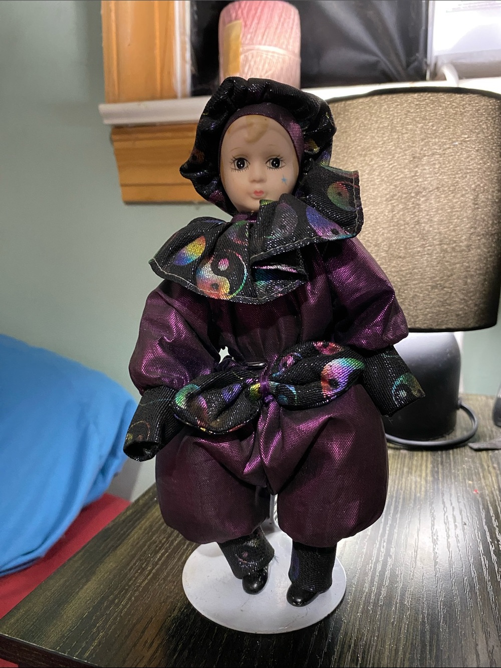 Purple Clown Doll in Shimmery Costume with Patterned Trim